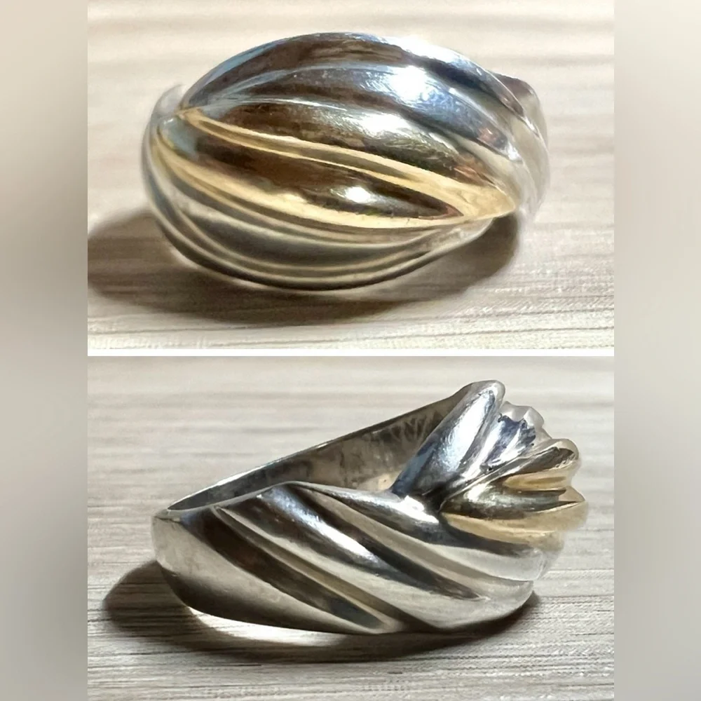 Vintage Designer Signed M. Sterling Silver & 14K Gold Scalloped Ring, Size 6